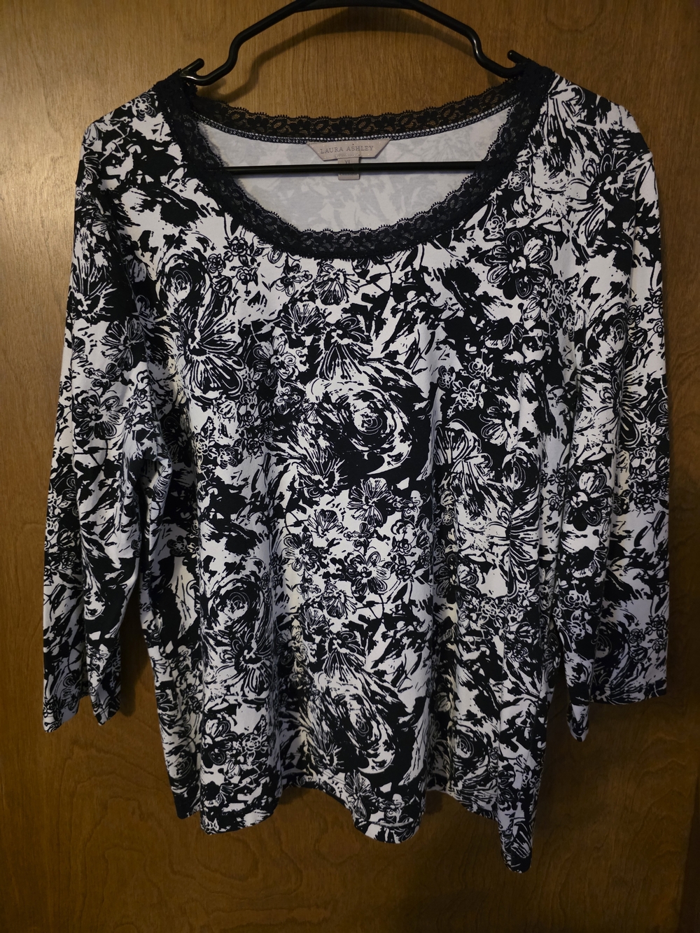 Laura Ashley Black and White Floral Lace-Trim Long Sleeve Top